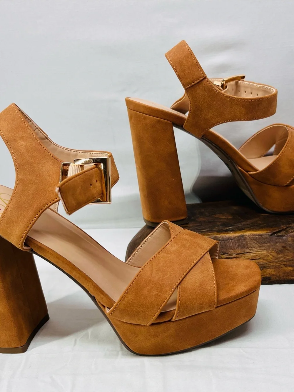 Sun + Stone Cognac Suede Platform Sandals with Ankle Buckle